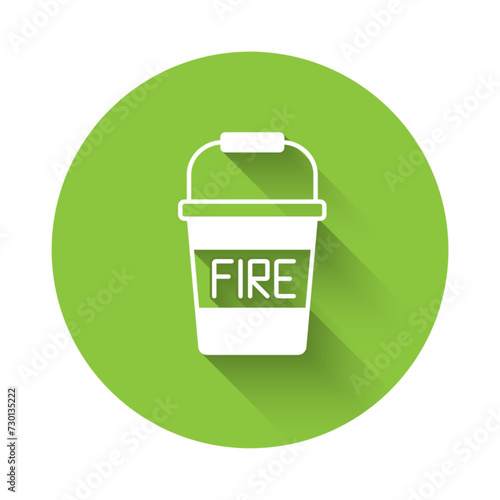 White Fire bucket icon isolated with long shadow background. Metal bucket empty or with water for fire fighting. Green circle button. Vector