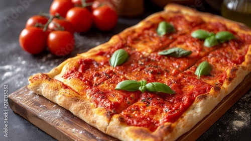 A rectangular Sicilian pizza with a thick, golden-brown crust and tomato sauce