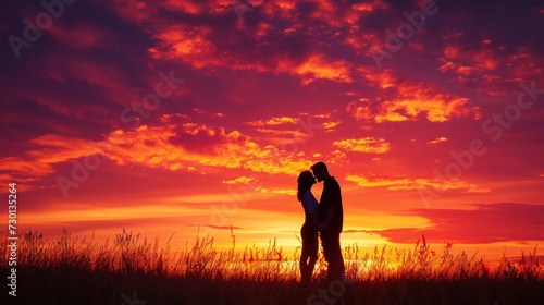 A couple's passionate kiss under a vibrant sunset, love igniting in the twilight