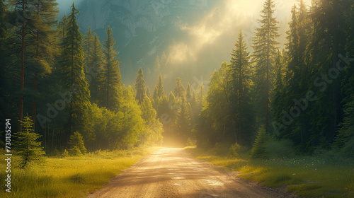 Misty morning in the forest, A dirt road in the middle of a forest with sunbeams shining through the trees on either side of the road is a dirt road with grass and trees, Ai generated image