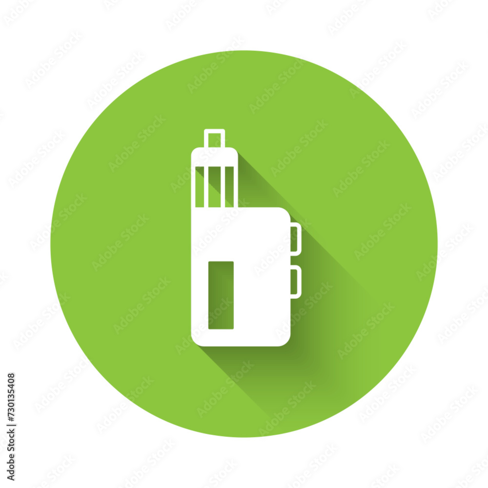 White Vape mod device icon isolated with long shadow background. Vape smoking tool. Vaporizer Device. Green circle button. Vector White Vape mod device icon isolated with long shadow background. Vape smoking tool. Vaporizer Device. Green circle button. Vector