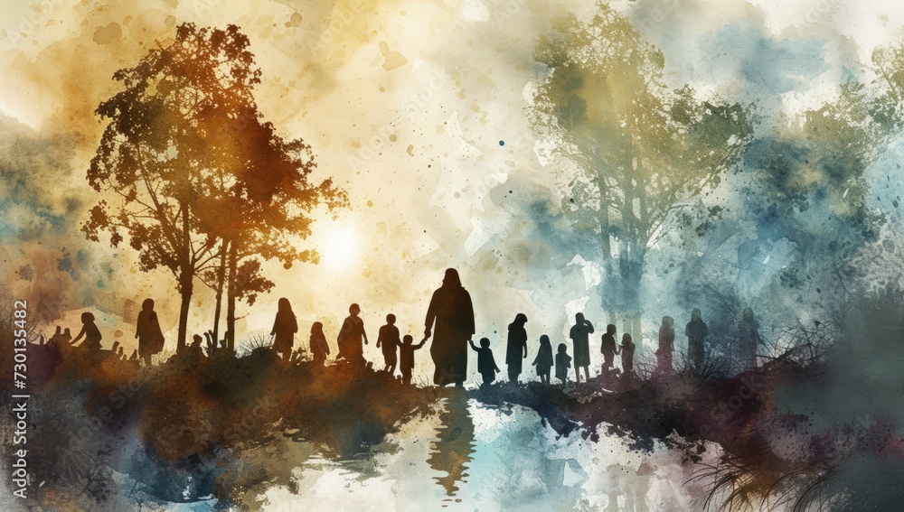 Several people with Christian religion watercolor illustration. Generate AI image Several people with Christian religion watercolor illustration. Generate AI image