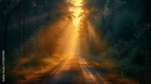Sun in the forest  A dirt road in the middle of a forest with sunbeams shining through the trees on either side of the road is a dirt road with grass and trees  Ai generated image