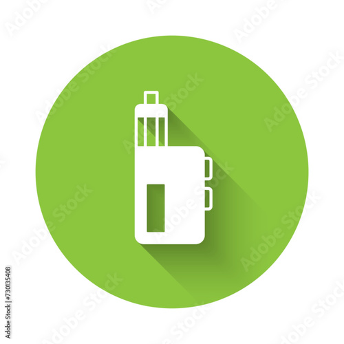 White Vape mod device icon isolated with long shadow background. Vape smoking tool. Vaporizer Device. Green circle button. Vector