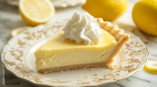 A slice of lemonade pie, a sweet and tangy dessert topped with whipped cream, served on a vintage plate