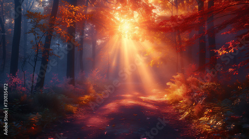 Dreamy colors showing a forest path with the sun behind a tree casting beautiful rays through wafts of mist , Ai generated image