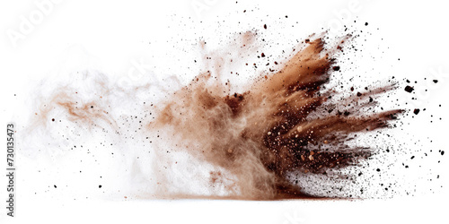 a brown splash painting on white background, brown  powder dust paint  beige brown explosion explode burst isolated splatter abstract. brown smoke or fog  particles explosive special effect
