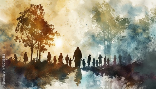 Several people with Christian religion watercolor illustration. Generate AI image