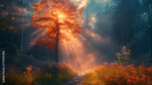 Sunset over the forest, dreamy colors showing a forest path with the sun behind a tree casting beautiful rays through wafts of mist , Ai generated image
