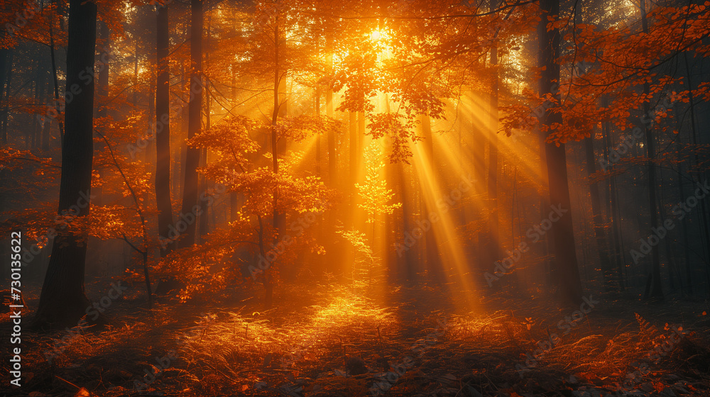 autumn forest in the forest,  Enchanting sun rays falling through the mist in a golden forest in autumn. The beauty of nature in vibrant warm forest , Ai generated image