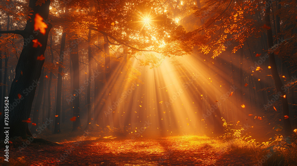sun shining through the forest, Enchanting sun rays falling through the mist in a golden forest in autumn. The beauty of nature in vibrant warm forest , Ai generated image sun shining through the forest, Enchanting sun rays falling through the mist in a golden forest in autumn. The beauty of nature in vibrant warm forest , Ai generated image