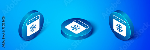 Isometric Calendar winter icon isolated on blue background. Event reminder symbol. Blue circle button. Vector