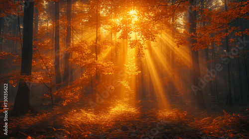autumn forest in the forest,  Enchanting sun rays falling through the mist in a golden forest in autumn. The beauty of nature in vibrant warm forest , Ai generated image © PixxStudio