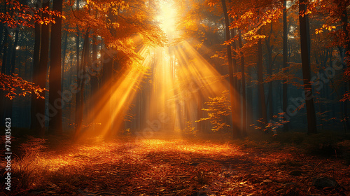 sun rays in the forest   Enchanting sun rays falling through the mist in a golden forest in autumn. The beauty of nature in vibrant warm forest   Ai generated image