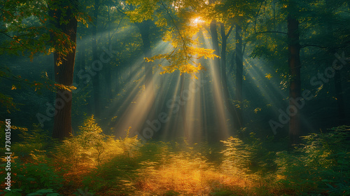 misty forest in the morning,  Enchanting sun rays falling through the mist in a golden forest in autumn. The beauty of nature in vibrant warm forest , Ai generated image
