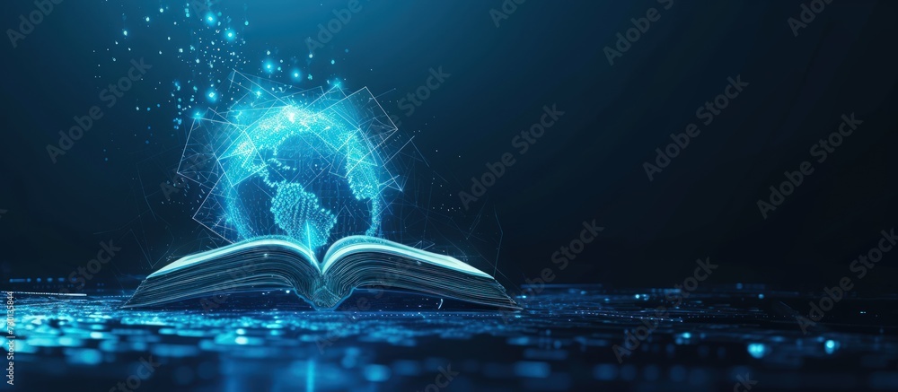 Futuristic global education with open book and planet map on blue background. AI generated image - obrazy, fototapety, plakaty 