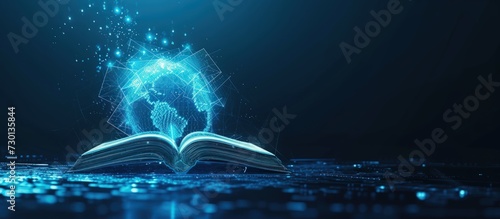 Futuristic global education with open book and planet map on blue background. AI generated image