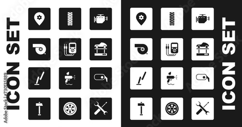 Set Check engine, Multimeter, Automotive turbocharger, Location with car service, Repair lift, Car tire wheel, rearview mirror and Windscreen wiper icon. Vector