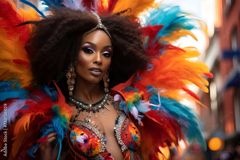 A beautiful woman in a vibrant carnival costume adorned with colorful feathers, exuding festivity