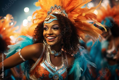 A woman dressed in a vibrant carnival costume adorned with colorful feathers