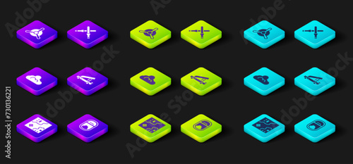 Set World travel map, Airplane window, Cloud weather, Passenger ladder, Marshalling wands and Plane propeller icon. Vector