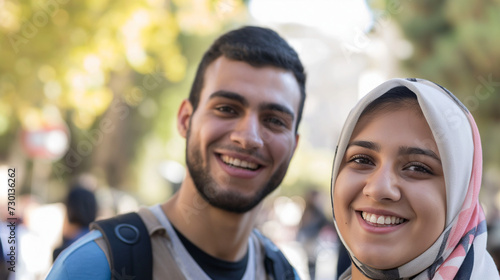 Jovens alunos muçulmanos felizes e sorrindo na escola 