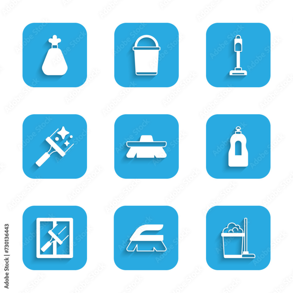Set Brush for cleaning, Mop and bucket, Dishwashing liquid bottle, Rubber cleaner windows, Vacuum and Garbage bag icon. Vector Set Brush for cleaning, Mop and bucket, Dishwashing liquid bottle, Rubber cleaner windows, Vacuum and Garbage bag icon. Vector