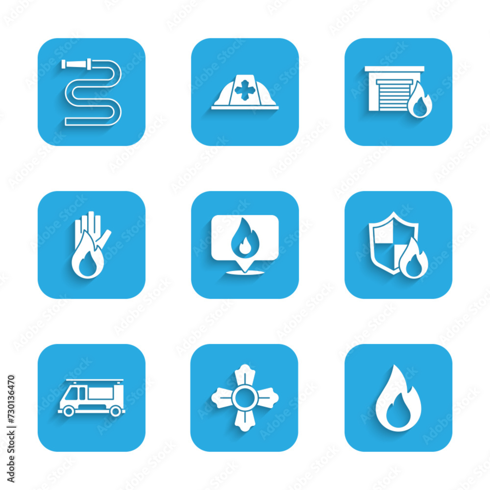 Set Location with fire flame, Firefighter, protection shield, truck, No, in burning garage and hose reel icon. Vector Set Location with fire flame, Firefighter, protection shield, truck, No, in burning garage and hose reel icon. Vector