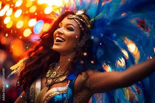 A youthful woman, dressed in a carnival costume adorned with feathers, gracefully dances with joy