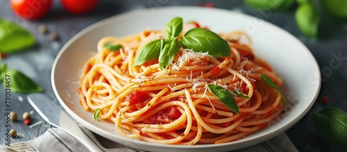 Tasty spaghetti food with tomato sauce and fresh basil on white plate. AI generated image
