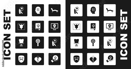 Set Armchair, Psychology book, Psi, Rorschach test, Broken heart divorce, Psychologist online, Solution to the problem, Helping hand and icon. Vector