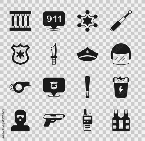 Set Bulletproof vest, Police electric shocker, helmet, Hexagram sheriff, Military knife, badge, Prison window and cap with cockade icon. Vector