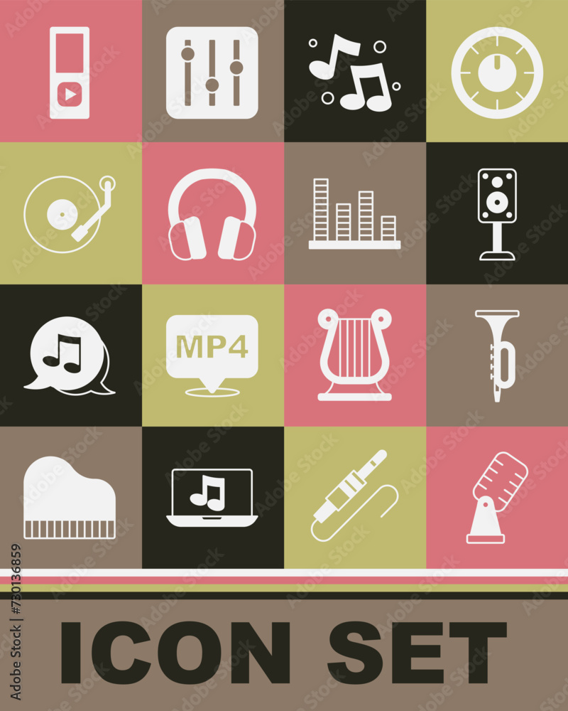 Set Microphone, Trumpet, Stereo speaker, Music note, tone, Headphones, Vinyl player, and equalizer icon. Vector Set Microphone, Trumpet, Stereo speaker, Music note, tone, Headphones, Vinyl player, and equalizer icon. Vector