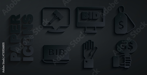 Set Hand holding auction, Price tag with Sale, Online, paddle, and Auction hammer icon. Vector