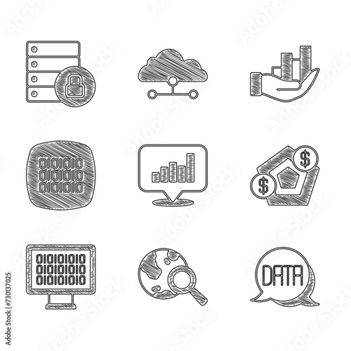 Set Pie chart infographic, Search globe, Data analysis, Financial growth, Binary code, and Server security with padlock icon. Vector