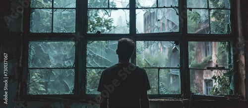 Man observing storm through shattered window in old building.
