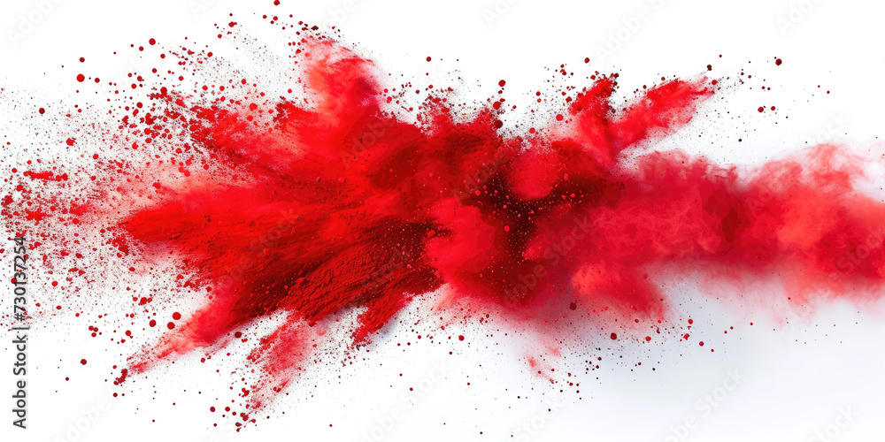 a red splash painting on white background, red  powder dust paint red explosion explode burst isolated splatter abstract. red smoke or fog particles explosive special effect