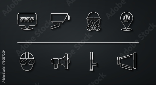 Set line Protest, Special forces soldier, Police rubber baton, Megaphone, Security camera, and Gas mask icon. Vector