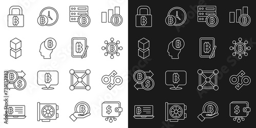 Set line Cryptocurrency wallet, key, Blockchain technology Bitcoin, Server bitcoin, think, Lock with and Mining from tablet icon. Vector