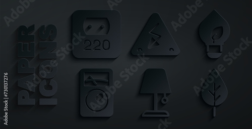 Set Table lamp, Light bulb with leaf, Ampere meter, multimeter, Leaf Eco symbol, High voltage and Electrical outlet icon. Vector