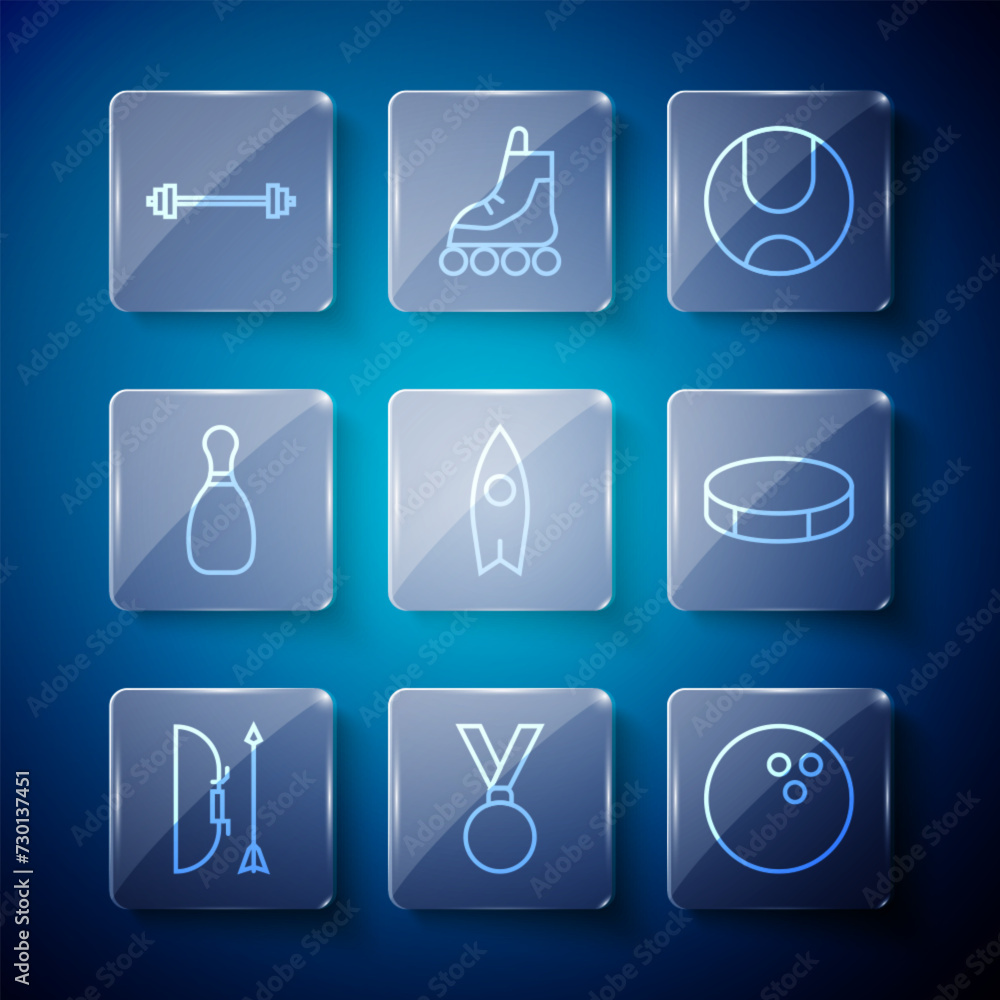 Set line Bow and arrow in quiver, Medal, Bowling ball, Tennis, Surfboard, pin, Barbell and Hockey puck icon. Vector Set line Bow and arrow in quiver, Medal, Bowling ball, Tennis, Surfboard, pin, Barbell and Hockey puck icon. Vector