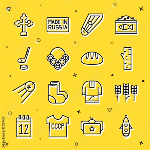 Set line Rocket ship, Wheat, Birch tree, Kankles, Russian bagels, Ice hockey stick and puck, Christian cross and Bread loaf icon. Vector