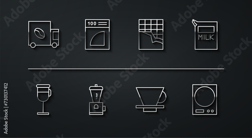 Set line Coffee street truck machine, Irish coffee, Paper package for milk, V60 maker, Electric grinder, paper filter, Electronic scales and Chocolate bar icon. Vector