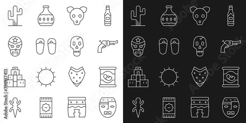 Set line Aztec mask, Beans in can, Revolver gun, Dog, Flip flops, Mexican wrestler, Cactus and Skull icon. Vector
