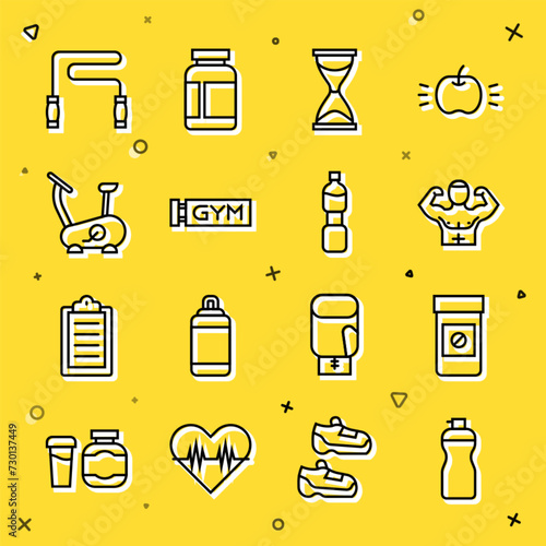 Set line Fitness shaker, Anabolic drugs, Bodybuilder muscle, Old hourglass, Location gym, Stationary bicycle, Jump rope and Bottle of water icon. Vector
