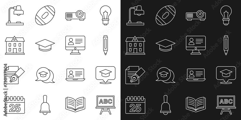 Set line Chalkboard, Graduation cap in speech bubble, Marker pen, Movie, film, media projector, School building, Table lamp and Online class icon. Vector