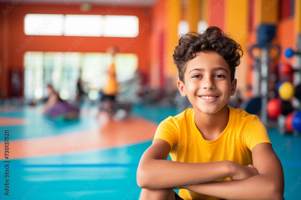 Naklejka premium Fitness, gym and happy indian child boy personal trainer ready for workout coaching