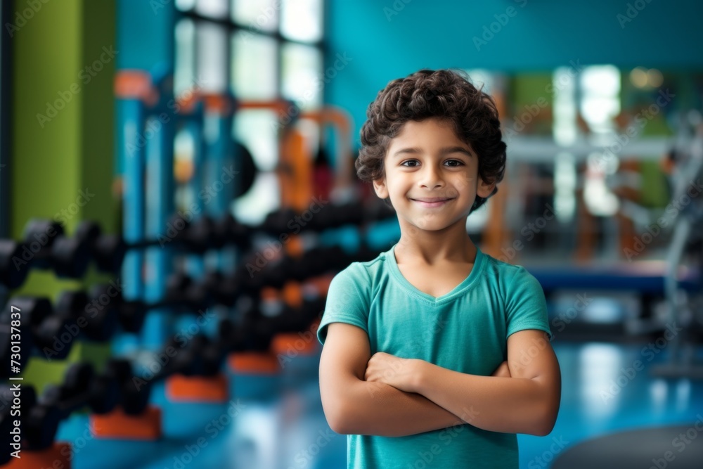Fitness, gym and happy indian child boy personal trainer ready for workout coaching - obrazy, fototapety, plakaty 