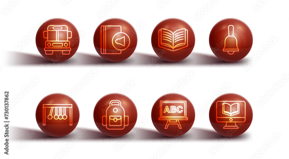 Set line School Bus, Pendulum, Ringing bell, Chalkboard, backpack, Audio book, Online class and Open icon. Vector Set line School Bus, Pendulum, Ringing bell, Chalkboard, backpack, Audio book, Online class and Open icon. Vector
