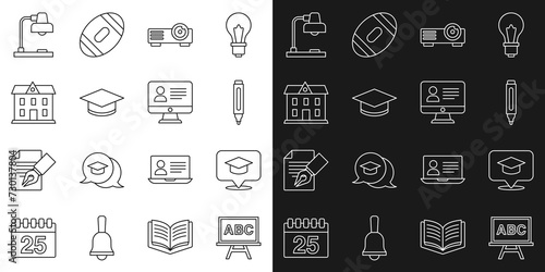 Set line Chalkboard, Graduation cap in speech bubble, Marker pen, Movie, film, media projector, School building, Table lamp and Online class icon. Vector